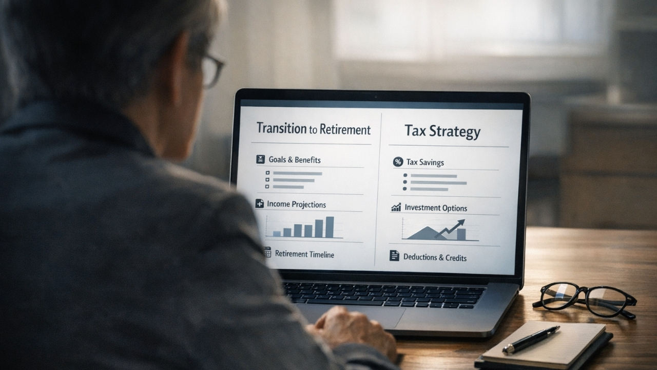 A senior man in business attire looking thoughtfully at a digital tablet, representing a Transition to Retirement (TTR) strategy.
