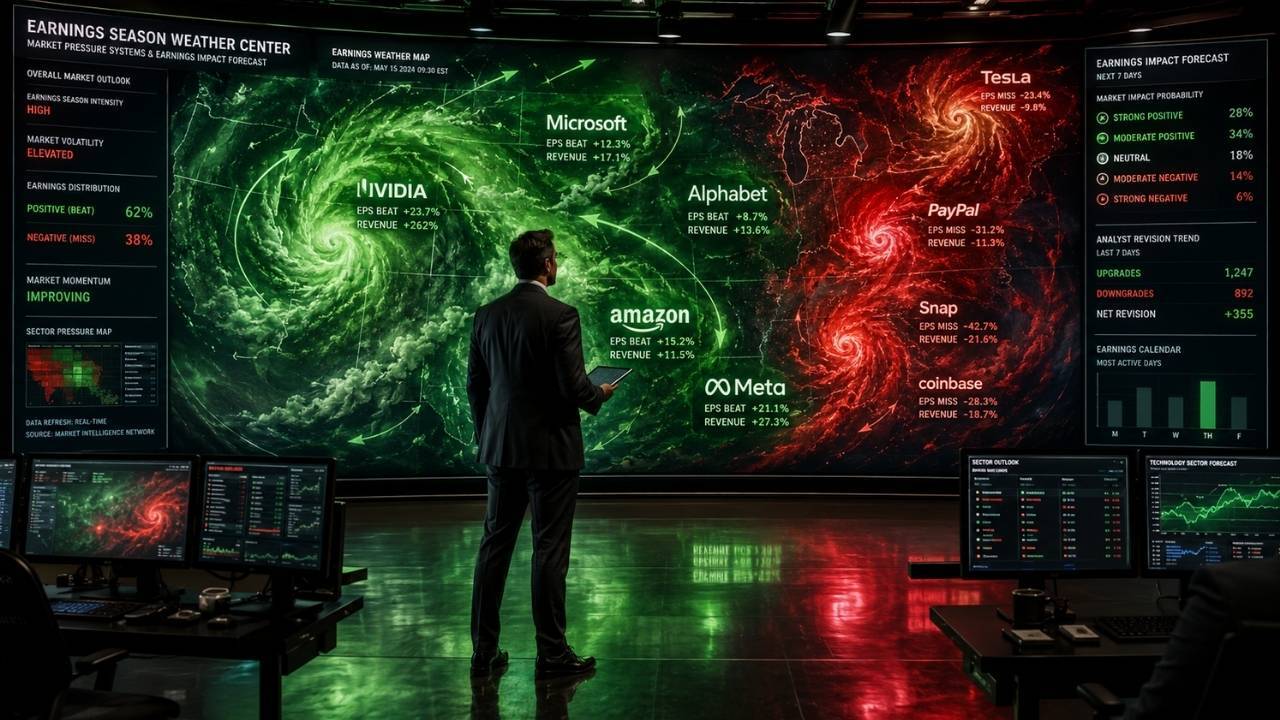 A close-up of a financial data screen showing green upward-trending stock market charts and corporate earnings graphs